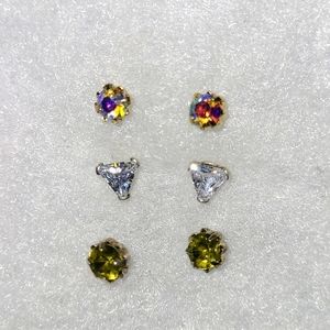Faux Peridot or Citrine, CZ, & AB Aurora Borealis Stud Earring Set SHARED BACKS